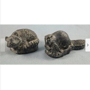 2 Vtg Beaver+Racoon Canada Inuit Native Soapstone Al Wolf Original Carving